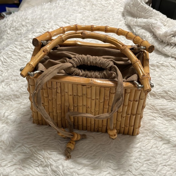 Vintage Bamboo Handbag Natural materials Canvas Drawstring liner Boho homemade - Picture 2 of 7